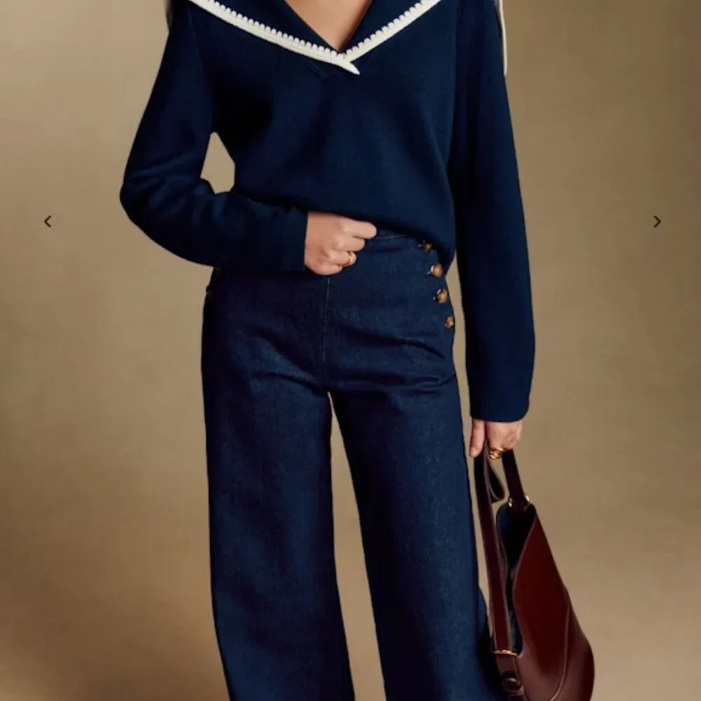 Sézane Marino High-Waist Bridge Trousers – Organic Cotton Denim | Size 36 - Picture 2 of 13